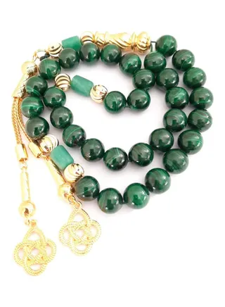 THE EMPRESS Natural Malachite Stone With Genuine Authentic Colombian Emerald 18k Gold Plated Beads. Exclusive Design Timeless Piece Of Art 