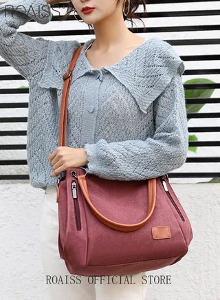 Large Capacity Shoulder Tote Bag Casual Canvas Handbag Crossbody with Long Strap Multi Pocket for Young Women Teenagers School Shopping 
