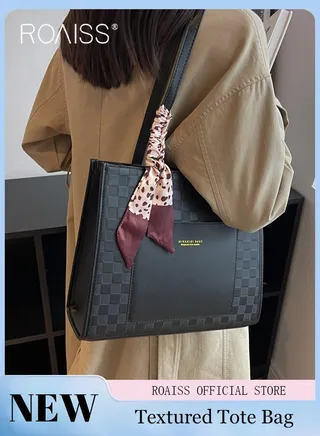 Women Leather Two Tone Tote Bag Ladies Geometric & Letter Embossed Twilly Scarf Decor Shoulder Tote Bag Women's Large Capacity Commuter Shoulder Bag 