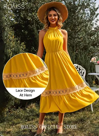 Women's Solid Color Halterneck Dress Sleeveless Lace Hem European-Style Elegant Dress 