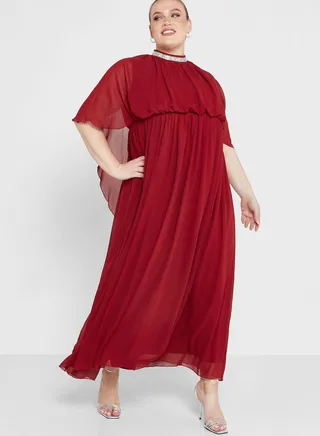 Embellished Neck Chiffon Dress 