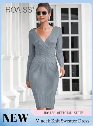 Women Knitted Long Sleeved Dress V Neck Design, Slim Waist, Women Retro-Style Long Dress, Solid Color Design, Comfortable And Skin Friendly Fabric 