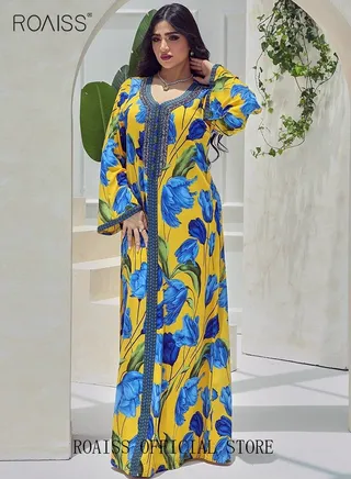 Ramadan Women Muslim Dress V-Collor Embroidery Evening Party Gown Bell Sleeve Long Dresses Party Robe Women Floral Embroidery Islamic Dresses 