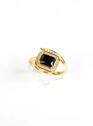Chinese Gold RQ Zirconic & Crystal Black Stone Ring US Size 9, Premium Quality & Against Color Change 