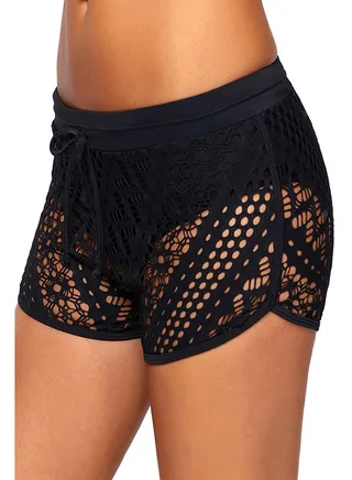 Solid High Waist Hollow Out Bandage Slim Shorts Black 