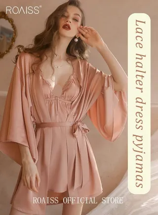 2 Piece Nightgown Set Women's Sweet Halter Nightdress Lingerie Sleepwear Home Dress Romantic Elegant Pajamas Ladies Spring Autumn Robe Loungewear 