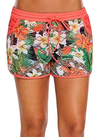 Beach Shorts Floral Pattern Drawstring Waist Swimming Shorts Multicolor 
