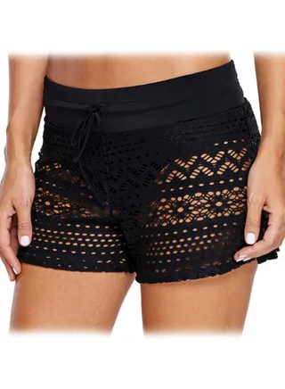 Lace Hollow Out Solid Swim Shorts Black 
