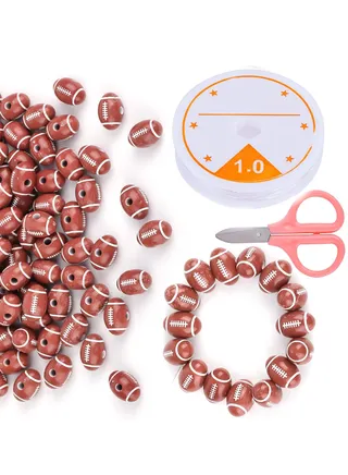 100pcs American Football Beads, 18mm Sport Goods Theme Rugby Acrylic Beads, DIY Bracelet Necklace Jewelry Keychains Making, with Crystal Elastic Rope and Scissors 
