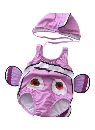 Cute Cartoon Clown Fish Swimwear With Cap Purple 