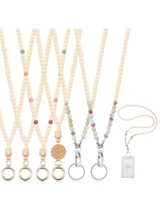 6 Pcs Wood Beaded Lanyard for ID Badges and Keys Chain Holder Boho Teacher Breakaway Lanyard Wooden Badge Holder Lanyard Beaded Lanyard Cute Badge Necklace for Women Teacher Nurse Gift, 6 Style 