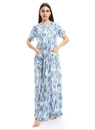 Multi-Patterned Short Sleeves Nightgown - Shades Of Blue_Multicolour 
