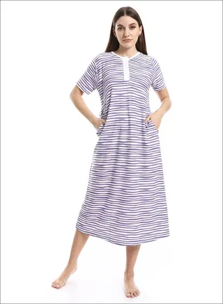 Henely Neck Short Sleeves Uneven Strpes Nightgown - White & Pale Pueple_Lavender 