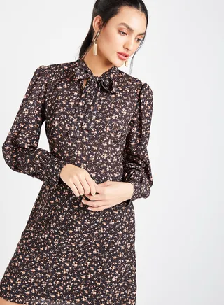 Tie-Up Neck Floral Dress Black 