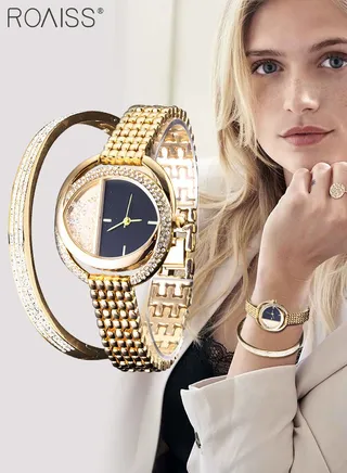 Women's Alloy Strap Bracelet Watch Analog Display Round Dial Quartz Watch with Bracelet Decorated with Rhinestones 2 Pieces Elegant Watch Set as Gift for Women Gold 