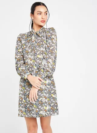 Floral Print Collared Dress Multi Color 