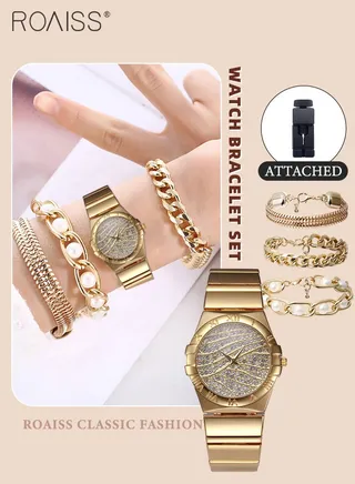 4PCS Women's Alloy Strap Bracelet Watch Set, Analog Display Round Dial Zirconium Diamonds Decorated Quartz Watch with 3 Bracelets, Elegant Watch Set for Ladies 