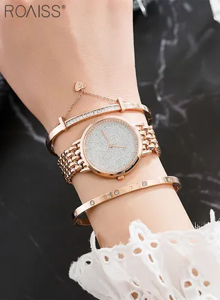 Women's Alloy Strap Bracelet Watch Analog Display Round Dial Quartz Watch with Bracelets and Rhinestones Decoration Elegant 3 Pieces Watch Set as Gift for Women Rose Gold 