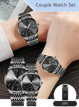 Alloy Strap Couple Quartz Watch Set, Analog Display Round Dial, Luxurious Luminous Waterproof Calendar Watch Gift for Men Women, Black 