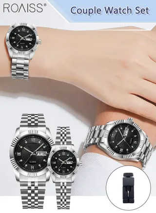 Stainless Steel Strap Couple Quartz Watch Set, Analog Display Round Dial with Rhinestones Decoration, Luxurious Luminous Waterproof Calendar Watch Gift for Men Women 