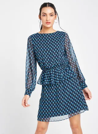 Ruffle Detail Ditsy Print Dress Navy 