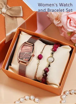 3PCS Women's Alloy Strap Bracelet Watch Set Analog Display Rectangle Dial Quartz Watch with Rose Red Beaded Bracelets Elegant Watch Set as Gift for Ladies 