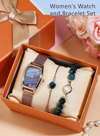 3PCS Women's Alloy Strap Bracelet Watch Set Analog Display Rectangle Dial Quartz Watch with Blue Beaded Bracelets Elegant Watch Set as Gift for Ladies 