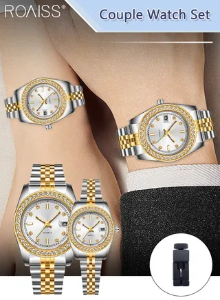 Stainless Steel Strap Couple Quartz Watch Set, Analog Display Round Dial with Rhinestones-Set Bezel, Luxurious Luminous Waterproof Calendar Watch Gift for Men Women 