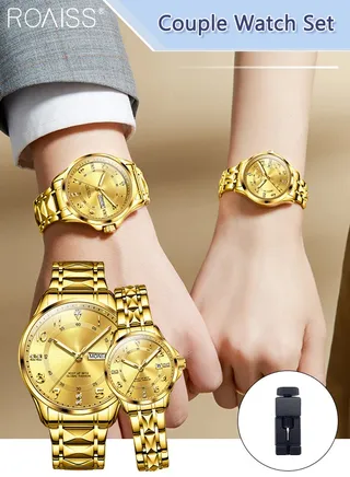 Stainless Steel Strap Couple Quartz Watch Set, Analog Display Round Dial with Rhinestones Decoration, Luxurious Luminous Waterproof Calendar Watch Gift for Men Women, Gold 