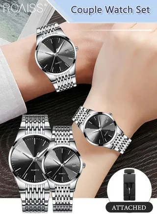 Alloy Strap Couple Quartz Watch Set, Analog Display Round Dial, Luxurious Luminous Waterproof Calendar Watch Gift for Men Women, Silver Black 