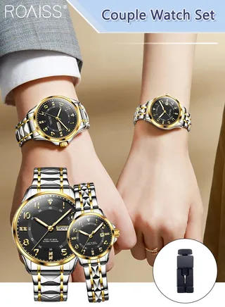 Stainless Steel Strap Couple Quartz Watch Set, Analog Display Round Dial with Rhinestones Decoration, Luxurious Luminous Waterproof Calendar Watch Gift for Men Women, Black 