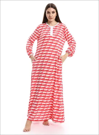 Henely Neck White & Watermelon Nightgown With Pockets_Watermelon 