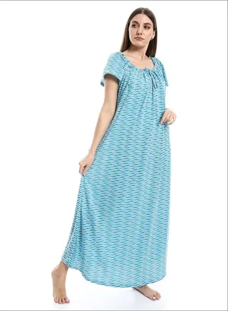 Lace Closure Neck White & Aqua Blue Nightgown_Aqua Blue 