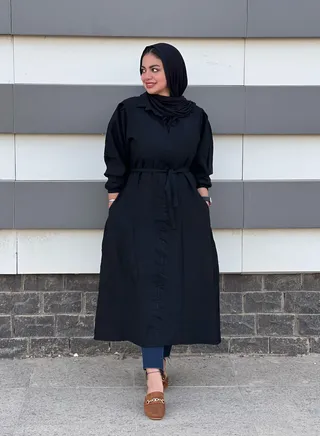 Elastic Cuffs Deep V Dress - Pumpkin Black 