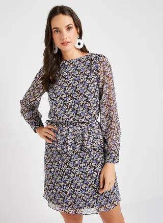 Ruffled Waist Floral Dress Multi Color 