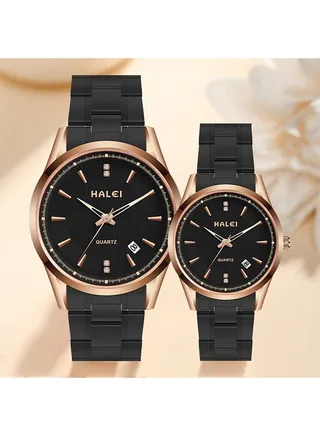 HALEI Luxury Couple Watches Gold-Black Tone Stainless Steel Quartz Calendar Wristwatch Rhinestone His and Her Watch Set 