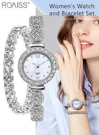 2PCS Women's Alloy Strap Bracelet Watch Set Analog Display Round Dial Quartz Watch with Heart Bracelet Decorated with Rhinestones Elegant Watch Set as Gift for Ladies 