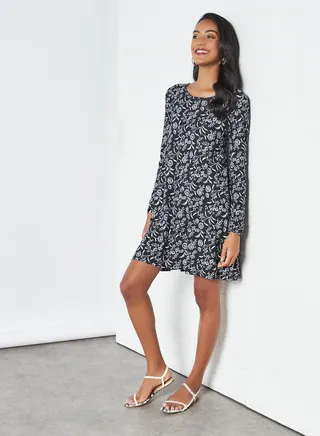 Floral Print Round Neck Dresses Black/White 
