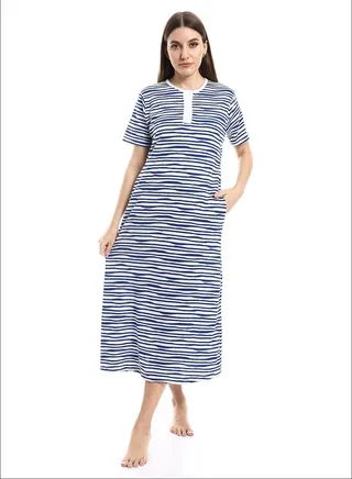 Navy Blue & WHite Uneven Horizontal Striped Nightgown_Navy Blue 