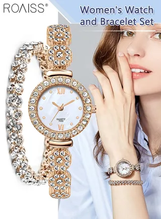 2PCS Women's Alloy Strap Bracelet Watch Set Analog Display Round Dial Quartz Watch with Heart Bracelet Decorated with Rhinestones Elegant Watch Set as Gift for Ladies 
