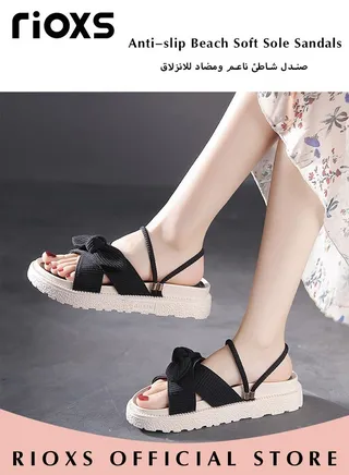 Women's Summer Fashion Flats Bowknot Slippers Casual Open Round Toe Slippers Anti-slip Beach Soft Sole Sandals 