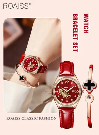 2PCS Women's Leather Strap Bracelet Watch Set Analog Display Round Dial Quartz Watch with Four-Leaf Clover Bracelet Elegant Watch Set as Gift for Ladies 