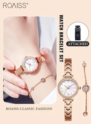 2PCS Women's Stainless Steel Strap Bracelet Watch Set Analog Display Round Dial Quartz Watch with Diamond-Set Bezel and Stylish Bracelet Elegant Watch Set as Gift for Ladies 