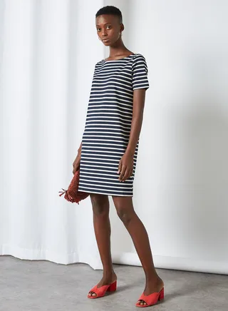 Striped T-Shirt Dress Bright White/NAVY/GOLD 