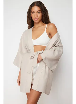 Beige Premium Belted Muslin Woven Dressing Gown THMSS24SB00000 