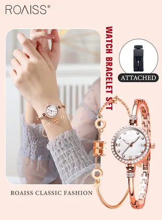2PCS Women's Stainless Steel Strap Bracelet Watch Set Analog Display Round Dial Quartz Watch with Stylish Bracelet Elegant Watch Set as Gift for Ladies 