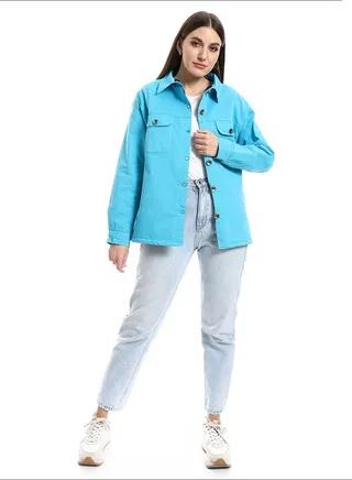 Inner Fur Lined Gabardine Sky Blue Casual Jacket 
