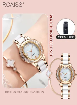 2PCS Women's Stainless Steel Strap Bracelet Watch Set Analog Display Oval Dial Quartz Watch with Diamond-Set Bezel and Stylish Bracelet Elegant Watch Set as Gift for Ladies 