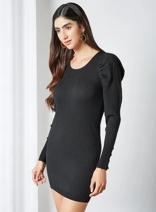 Puff Sleeve Bodycon Dress Black 
