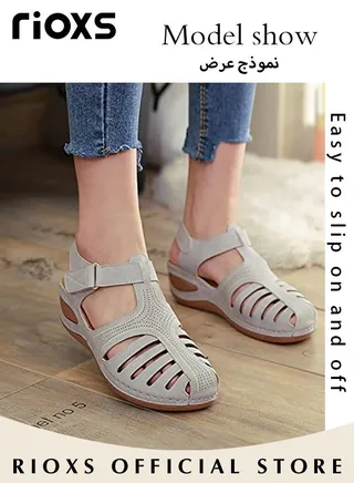 Women's Hollow Roman Wedge Sandals Round Open Toe Sandals Summer Comfortable Buckle Sandals 